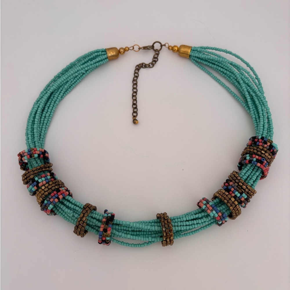 Boho Statement Necklace: Turquoise Beaded Multi-Strand Mosaic Bib - Picture 7 of 10